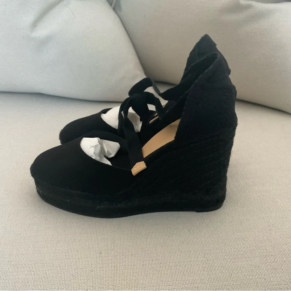 NWT CASTANER CARINA 110 BLACK WEDGE ESPADRILLES SIZE IT 38 .
